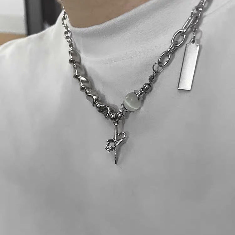 Collar de cadena cubana para hombre con circonitas cruzadas de acero y titanio 