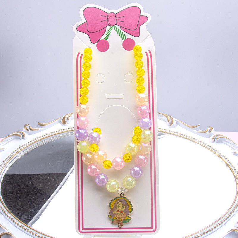 Conjunto de joyería de dibujos animados para niños, collar de perlas hecho a mano, pulsera, anillo, concha, cola de pez, unicornio 