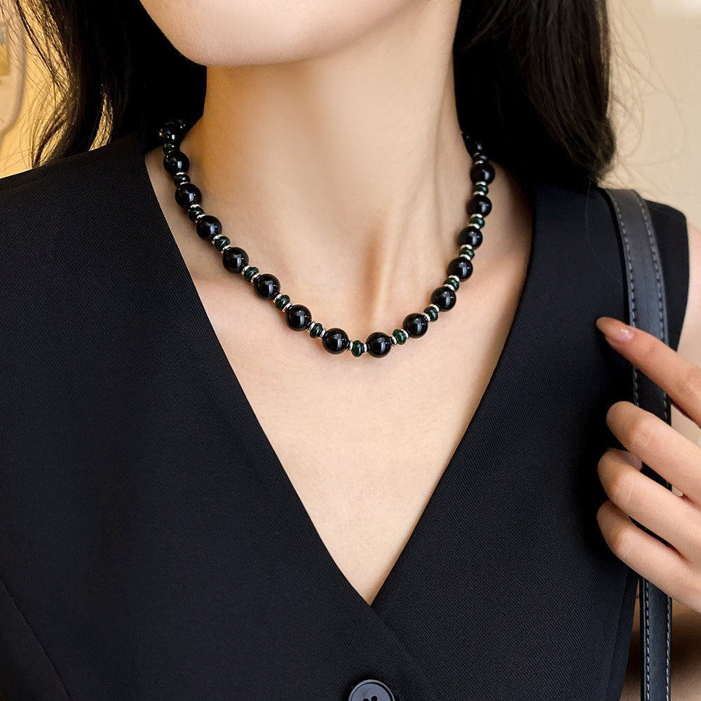 Collar de perlas, piedra de ojo de tigre, collar de bolas de oro pequeñas, cadena de piedra natural 