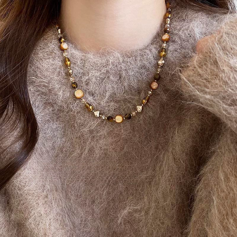 Pearl Necklace Beaded Natural Tiger's Eye Stone Clavicle Necklace Women