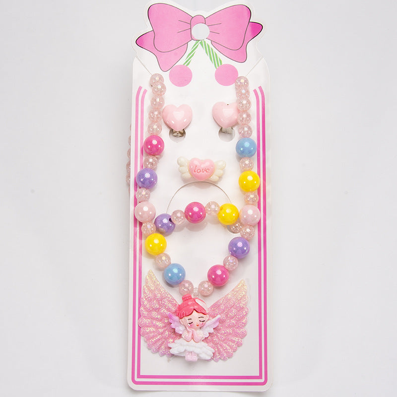 Conjunto de joyería de dibujos animados para niños, collar de perlas hecho a mano, pulsera, anillo, concha, cola de pez, unicornio 