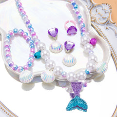 Conjunto de joyería de dibujos animados para niños, collar de perlas hecho a mano, pulsera, anillo, concha, cola de pez, unicornio 