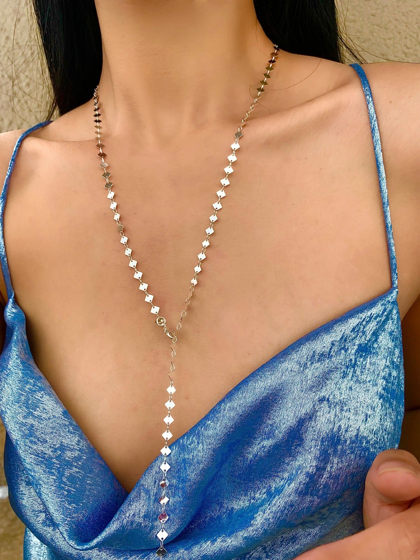 Collar largo cuadrado dorado o plateado, cadena corporal estilo europeo y americano (Compra mínima 2 piezas) 