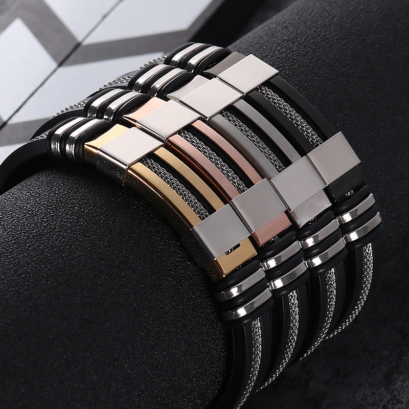 Pulsera de hip-hop para hombre de acero titanio y silicona, pulsera de acero inoxidable estilo punk 