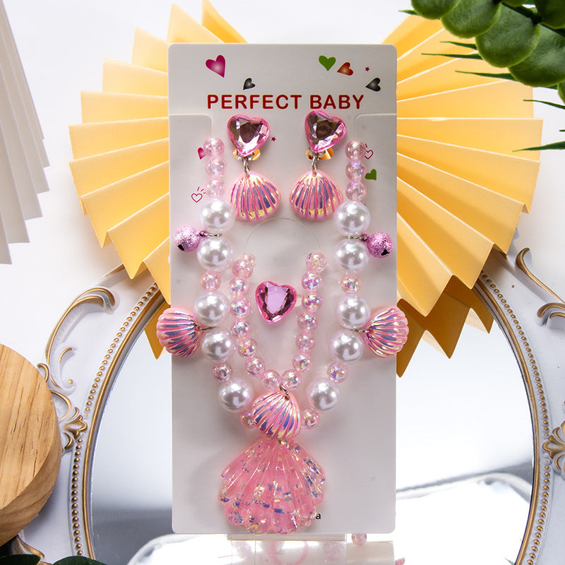 Conjunto de joyería de dibujos animados para niños, collar de perlas hecho a mano, pulsera, anillo, concha, cola de pez, unicornio 
