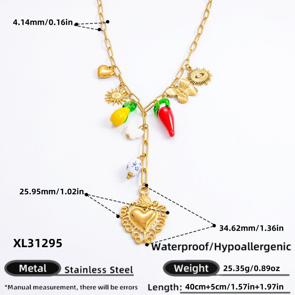 Collar con colgante de acero de titanio chapado en forma de corazón con lazo y ojo de diablo de estilo clásico, joyería al por mayor 