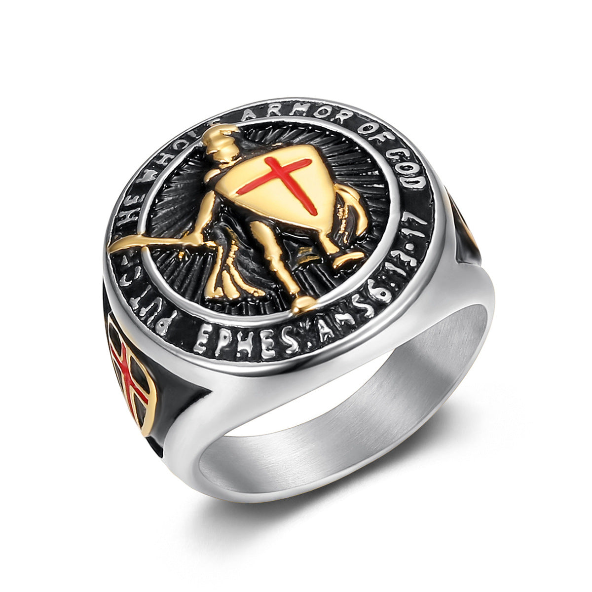 Anillo de acero de titanio chapado en oro para hombre con escudo de la Cruz Roja Templaria 