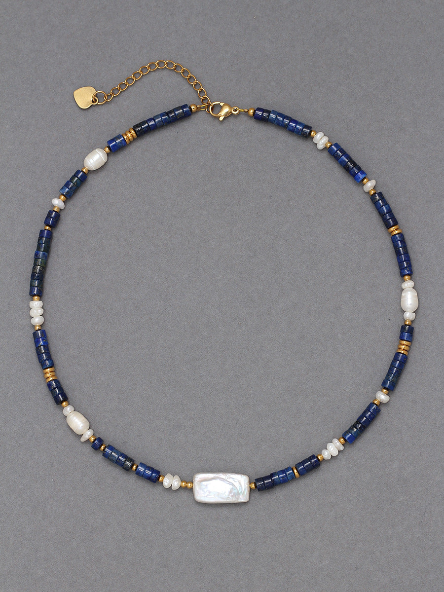 Collar de cadena de clavícula con perlas naturales de agua dulce rectangulares hechas a mano con lapislázuli para mujer 