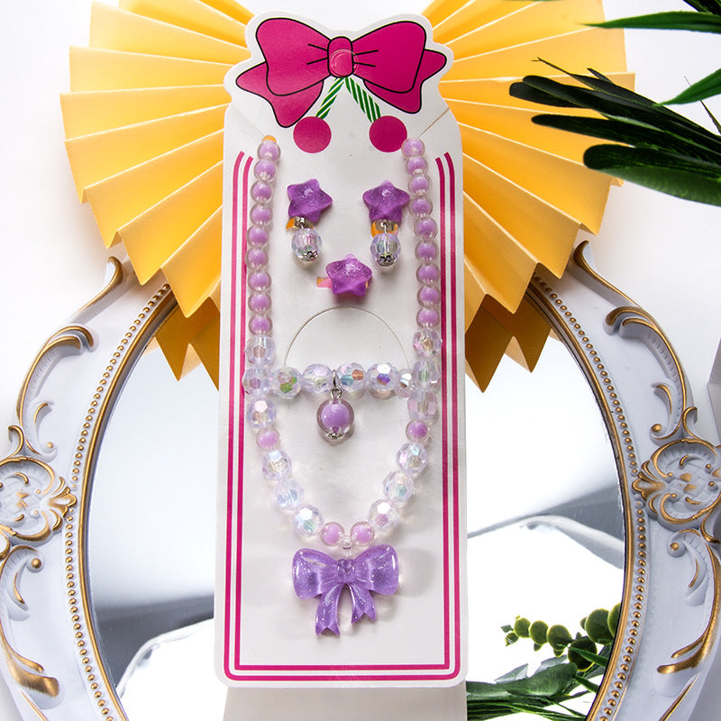 Conjunto de joyería de dibujos animados para niños, collar de perlas hecho a mano, pulsera, anillo, concha, cola de pez, unicornio 
