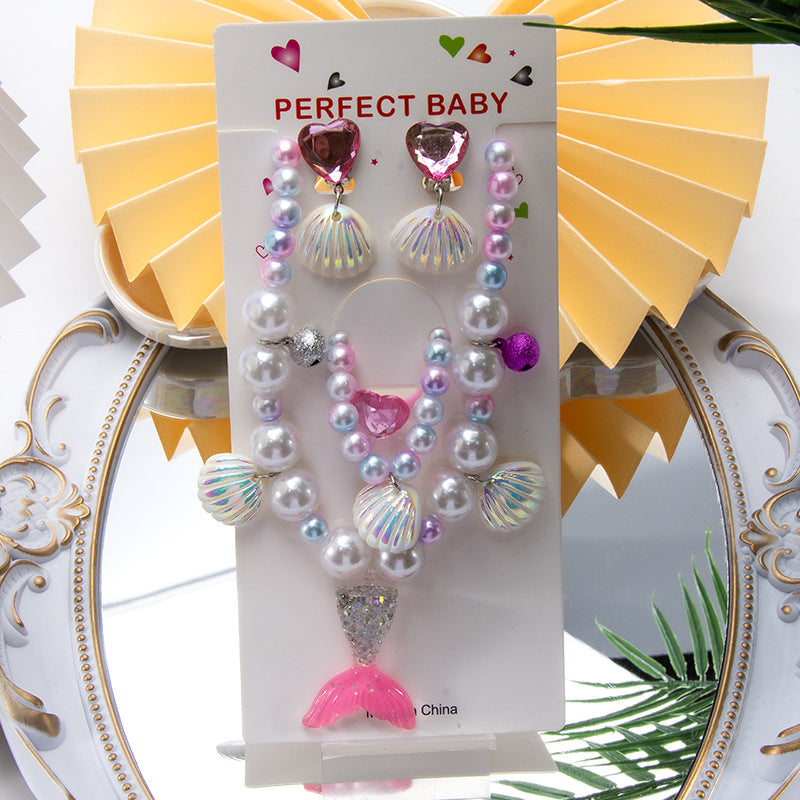 Conjunto de joyería de dibujos animados para niños, collar de perlas hecho a mano, pulsera, anillo, concha, cola de pez, unicornio 