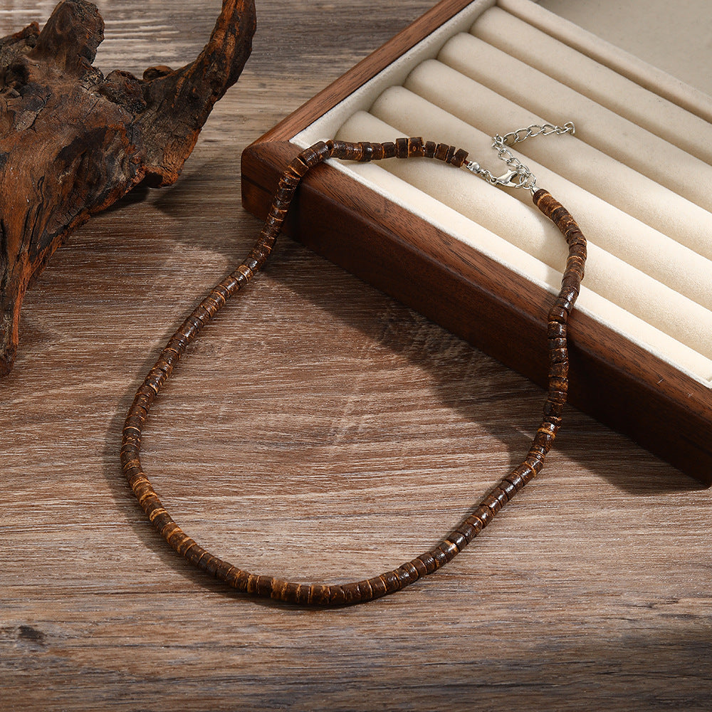 Collar corto con cuentas de madera de concha de coco bohemio para hombre, con tiras apiladas y cuentas turquesas, cadena de clavícula.