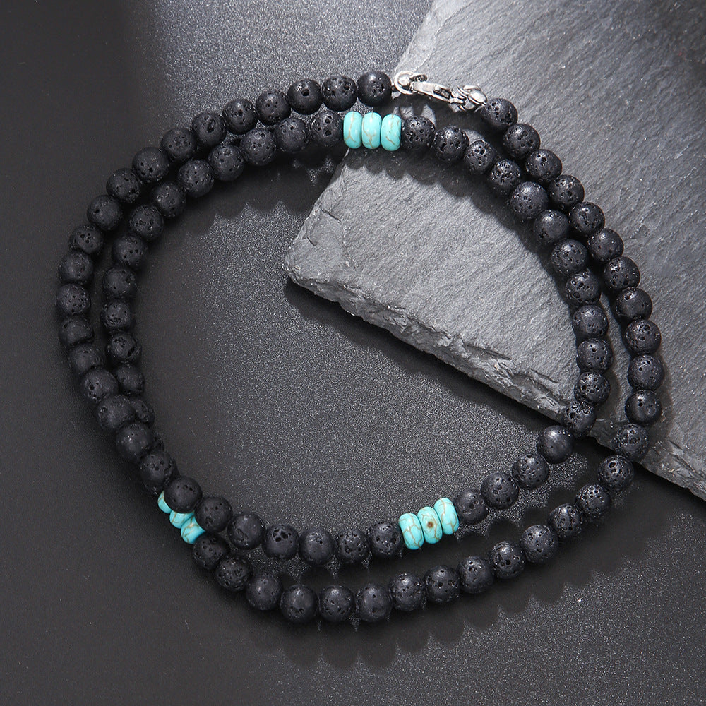 Collar corto con cuentas de madera de concha de coco bohemio para hombre, con tiras apiladas y cuentas turquesas, cadena de clavícula.