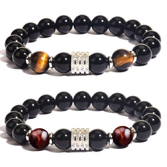 Pulsera de acero inoxidable con cuentas negras de obsidiana y ojo de tigre para hombre