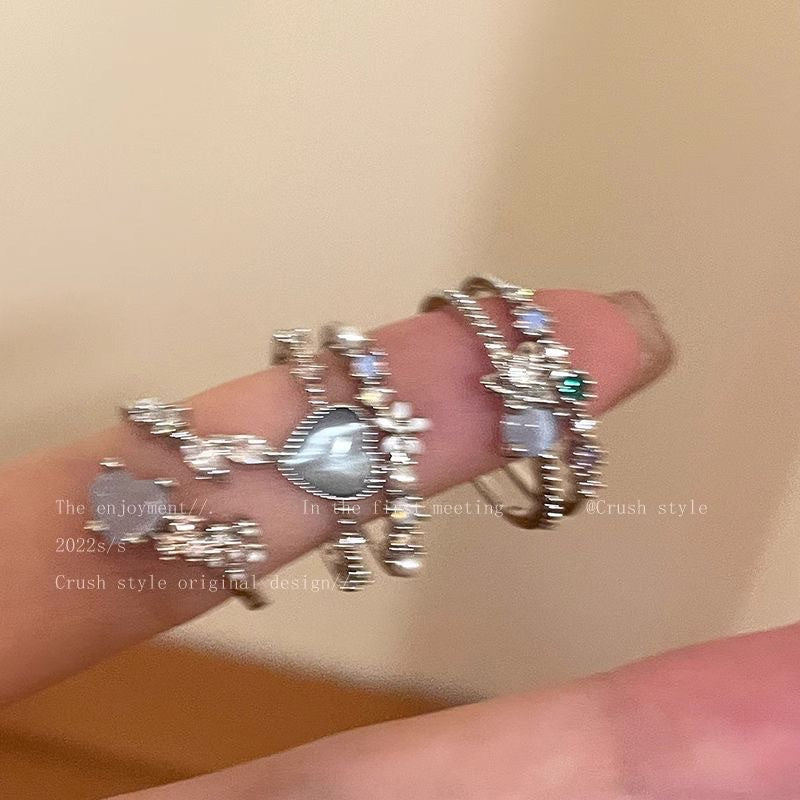 Anillo de amor azul marino, anillo de dedo índice con circonitas de luz de luna para mujer, anillo ajustable 