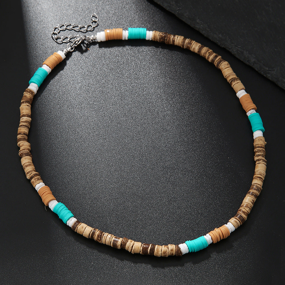 Collar corto con cuentas de madera de concha de coco bohemio para hombre, con tiras apiladas y cuentas turquesas, cadena de clavícula.
