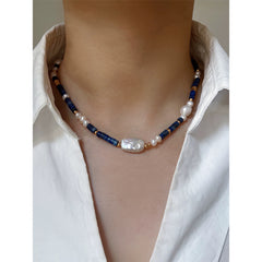 Collar de cadena de clavícula con perlas naturales de agua dulce rectangulares hechas a mano con lapislázuli para mujer 