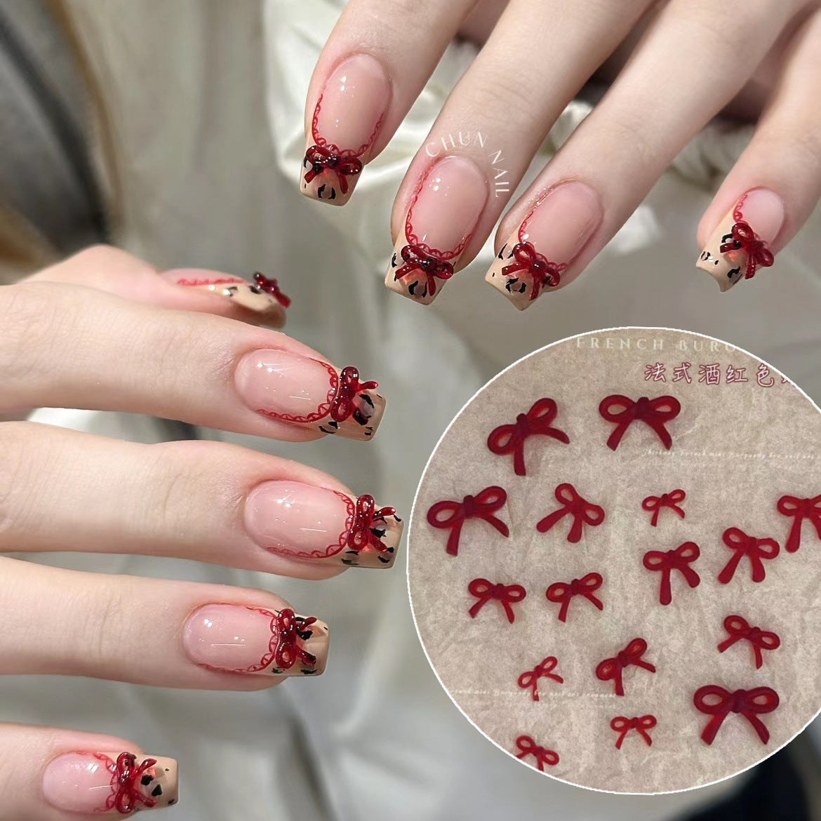 Burgundy Bow Christmas New Year Wear Nail Nail Ornament (Minimum purchase 50 pcs)