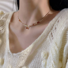 Collar de cuentas de piedra natural con perla de agua dulce y cadena para clavícula 