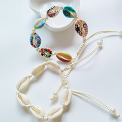 Pulsera tejida de conchas naturales bohemias con cuentas de hilo encerado, pulsera de perlas pintada a mano DIY 