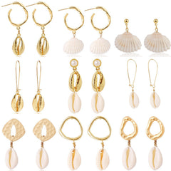 Pendientes de concha de perla con diseño de joyería marina bohemia, pendientes de concha de verano natural de aleación