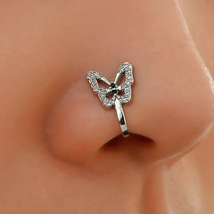 Anillo nasal falso en forma de U, piercing nasal de mariposa con incrustaciones de diamantes sin orificio, clip nasal, joyería anti-punción 