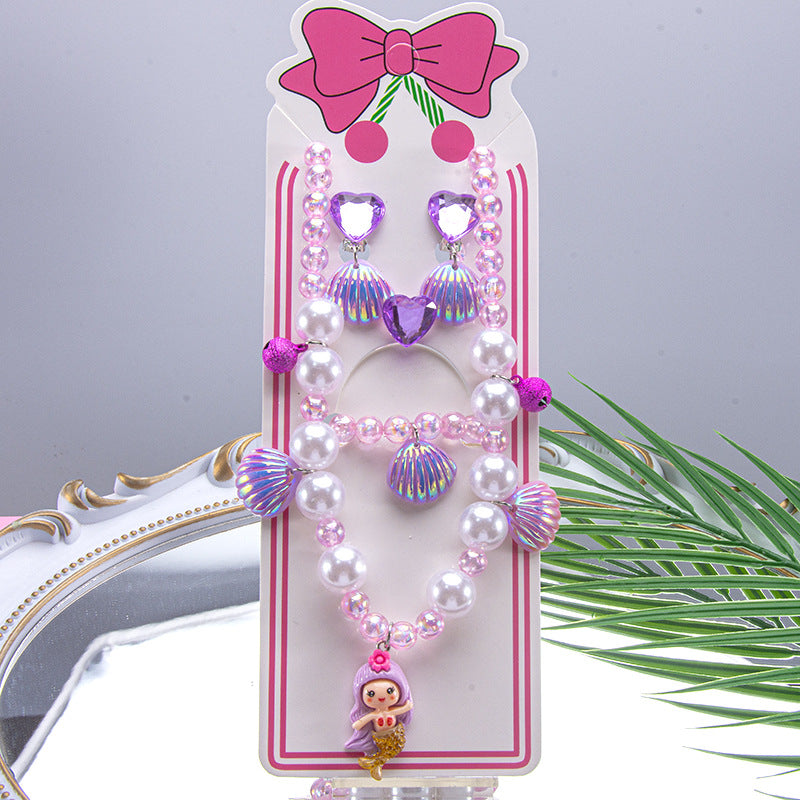 Conjunto de joyería de dibujos animados para niños, collar de perlas hecho a mano, pulsera, anillo, concha, cola de pez, unicornio 