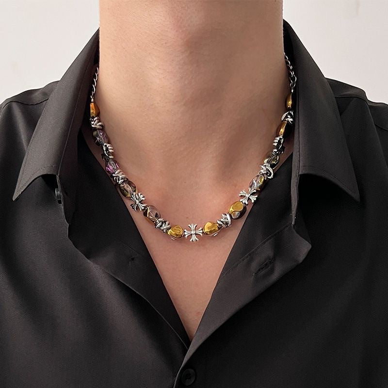 Collar de cadena cubana para hombre con circonitas cruzadas de acero y titanio 