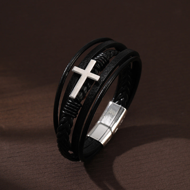 Pulsera de cuero cruzada para hombre, multicapa, tejida a mano, con hebilla magnética 