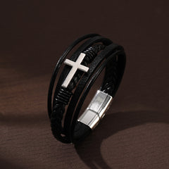Pulsera de cuero cruzada para hombre, multicapa, tejida a mano, con hebilla magnética 