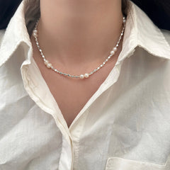 Collar de perlas de agua dulce naturales, cadena de cuello de plata rota, cadena de clavícula femenina. 
