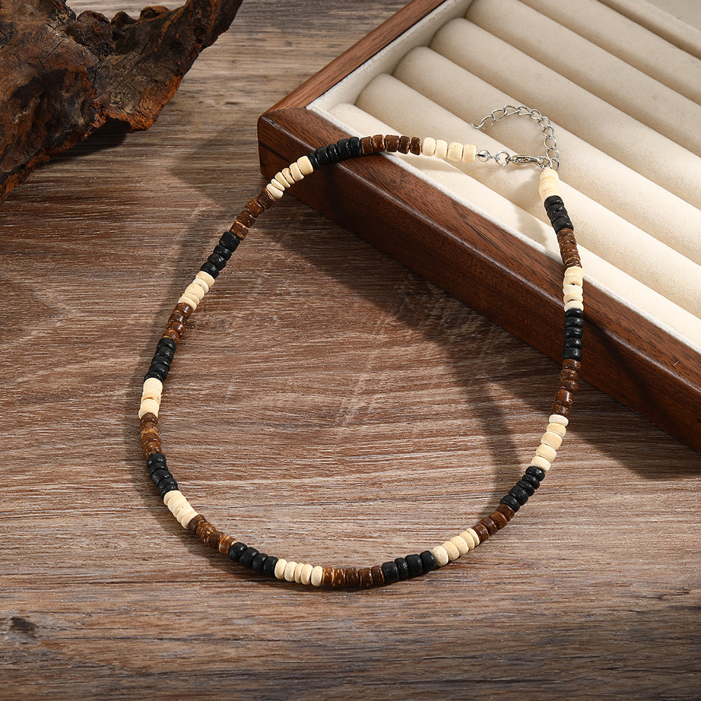 Collar corto con cuentas de madera de concha de coco bohemio para hombre, con tiras apiladas y cuentas turquesas, cadena de clavícula.