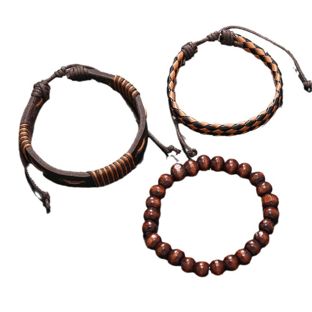 Pulsera de cuero con cuentas, pulsera tejida de cuero multicapa 