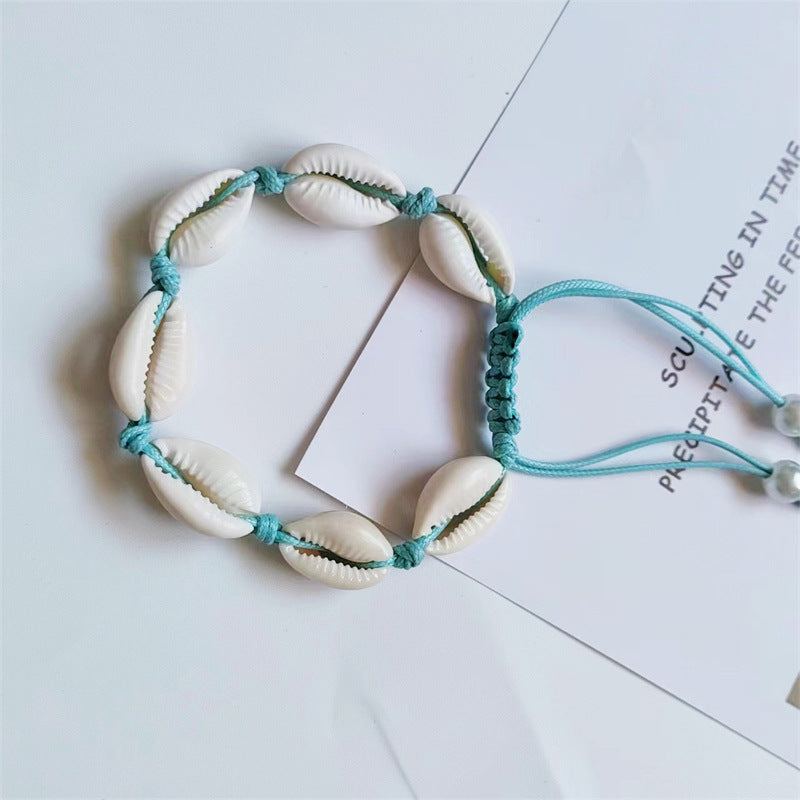 Pulsera tejida de conchas naturales bohemias con cuentas de hilo encerado, pulsera de perlas pintada a mano DIY 