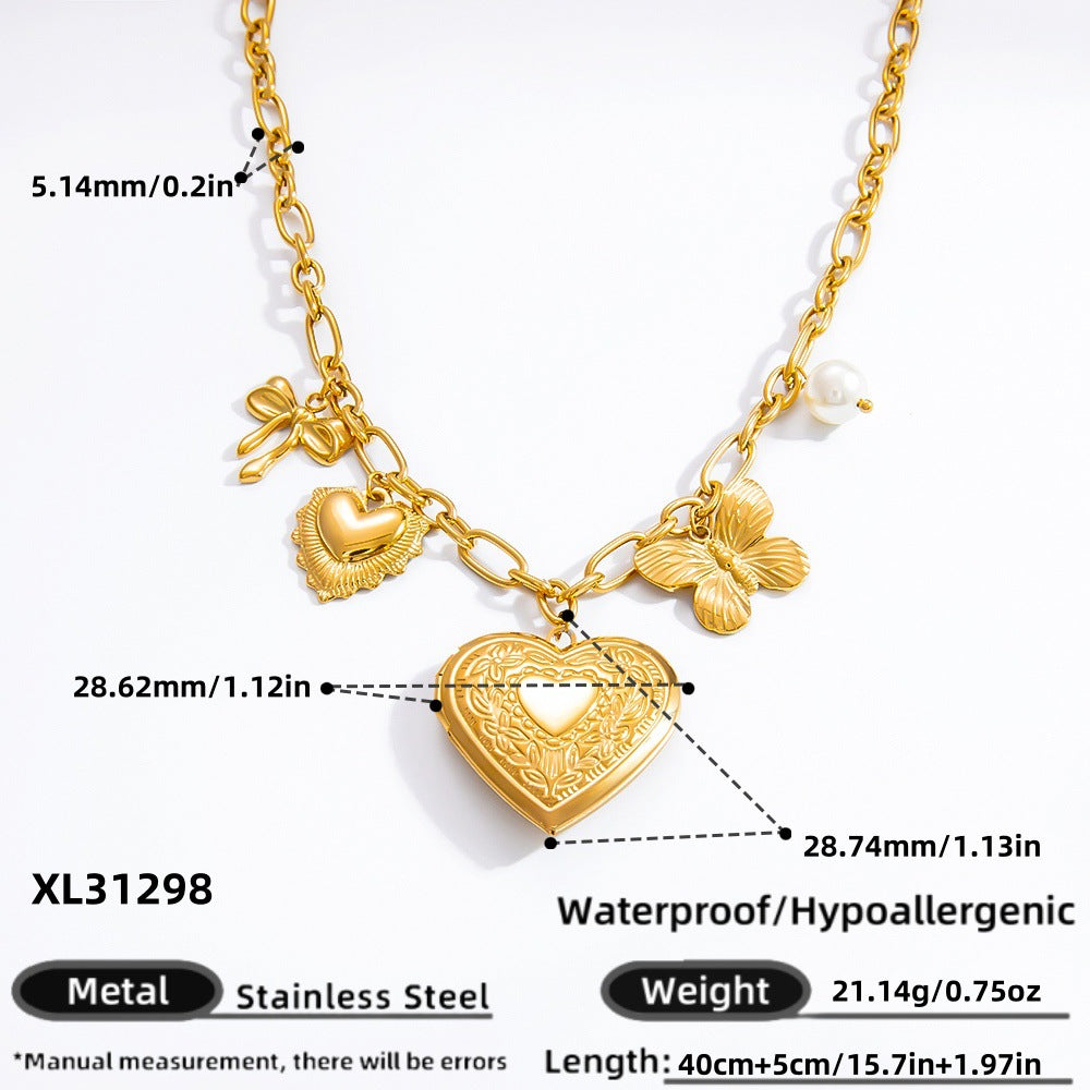 Collar con colgante de acero de titanio chapado en forma de corazón con lazo y ojo de diablo de estilo clásico, joyería al por mayor 