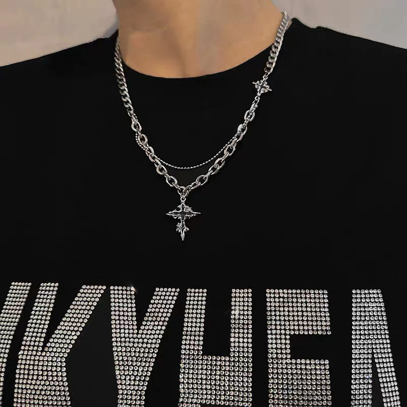 Collar de cadena cubana para hombre con circonitas cruzadas de acero y titanio 