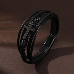 Pulsera de cuero cruzada para hombre, multicapa, tejida a mano, con hebilla magnética 