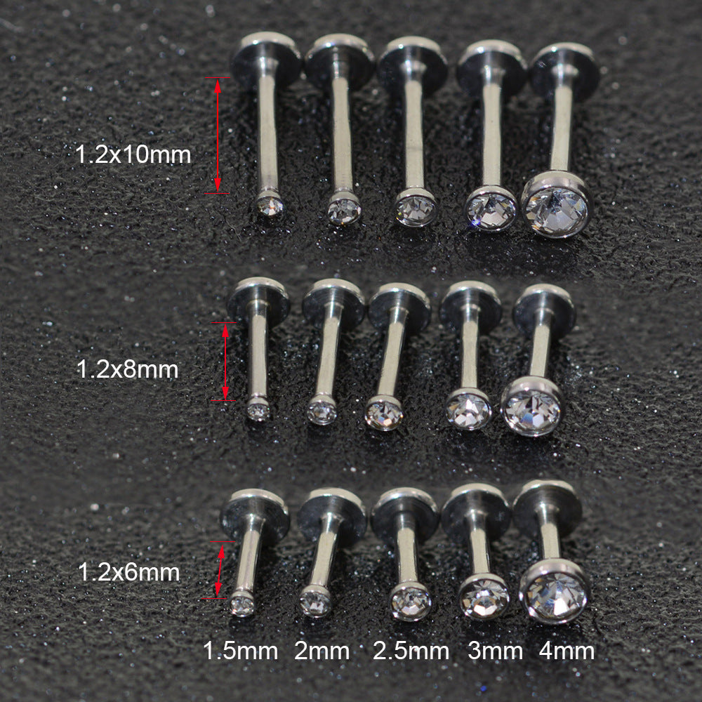 Perno de labio con perforación de bolsa de acero inoxidable de 1,5-4 mm y circonita de 1,2 mm con perforación para nariz y oreja. 