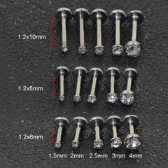 Perno de labio con perforación de bolsa de acero inoxidable de 1,5-4 mm y circonita de 1,2 mm con perforación para nariz y oreja. 
