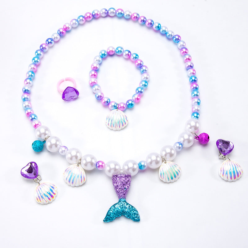 Conjunto de joyería de dibujos animados para niños, collar de perlas hecho a mano, pulsera, anillo, concha, cola de pez, unicornio 