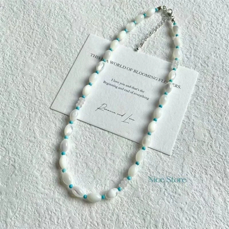 Blue Natural Stone Pearl Necklace Women's Beaded Clavicle Chain