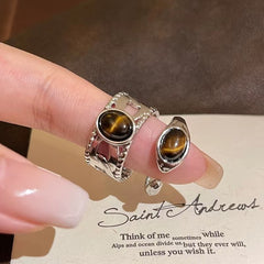 Anillo ajustable con apertura de piedra de ojo de tigre para dedo índice femenino 