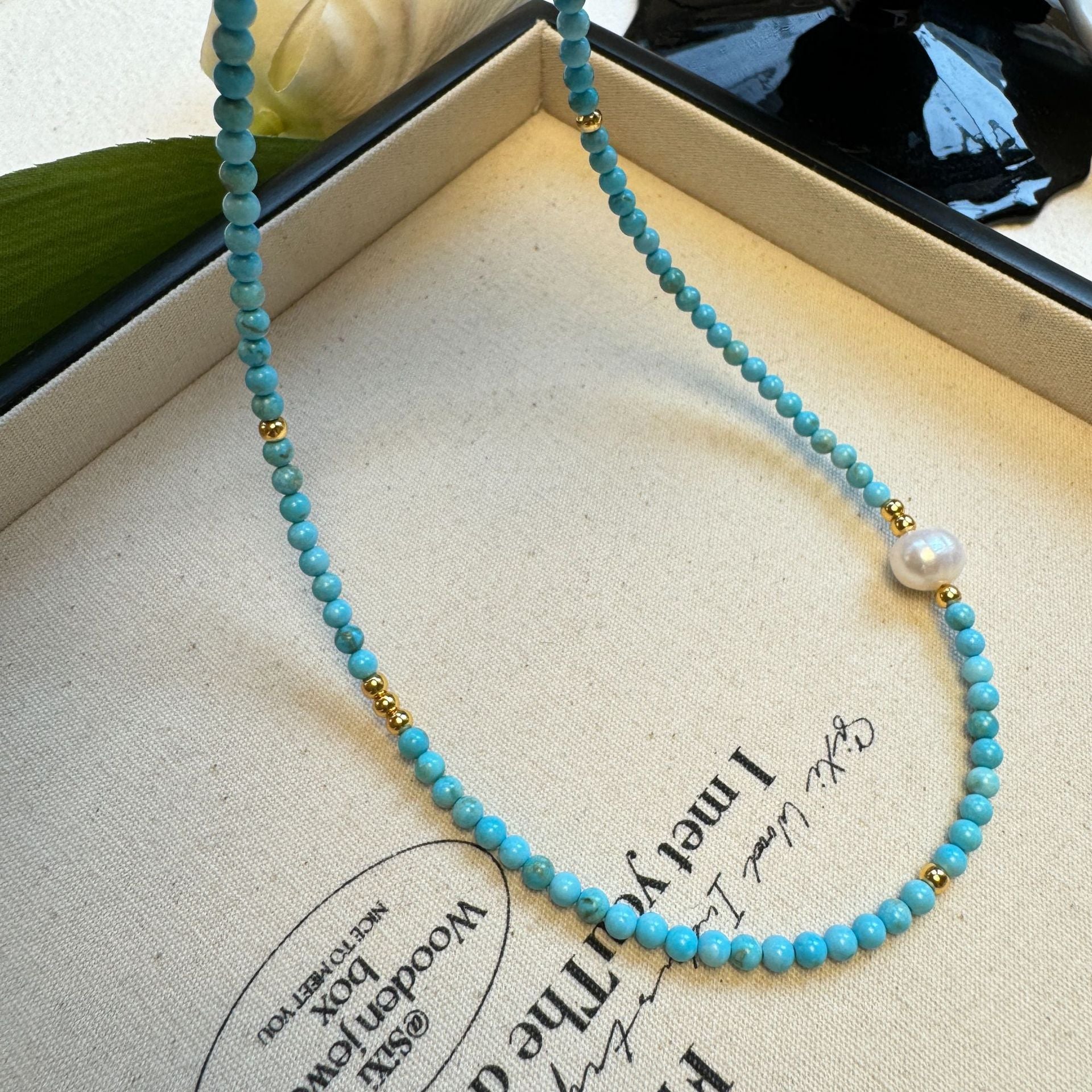 Collar de perlas de turquesa natural para mujer, cadena para el cuello. 