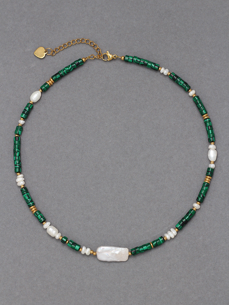 Collar de cadena de clavícula con perlas naturales de agua dulce rectangulares hechas a mano con lapislázuli para mujer 