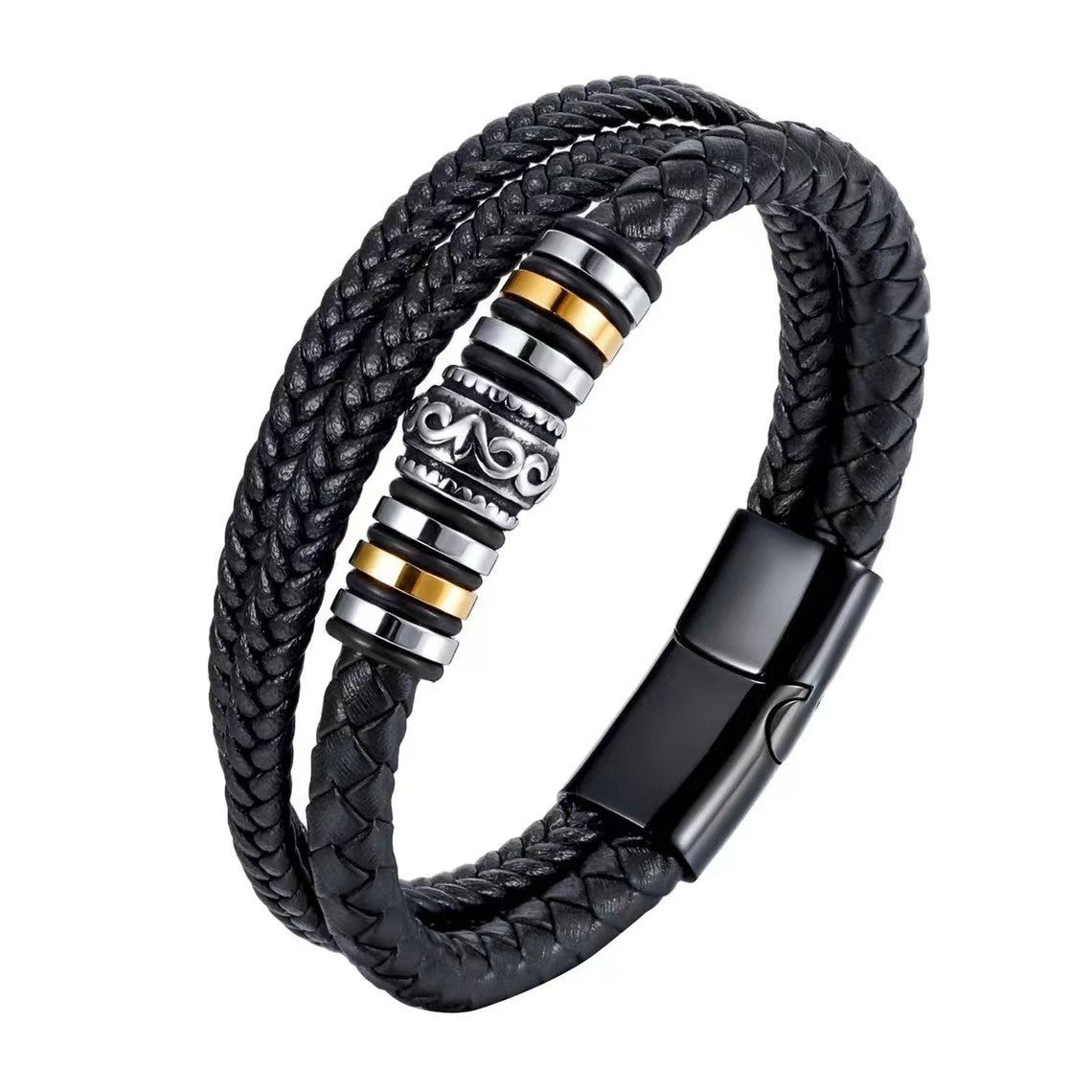Pulsera de cuero cruzada para hombre, multicapa, tejida a mano, con hebilla magnética 