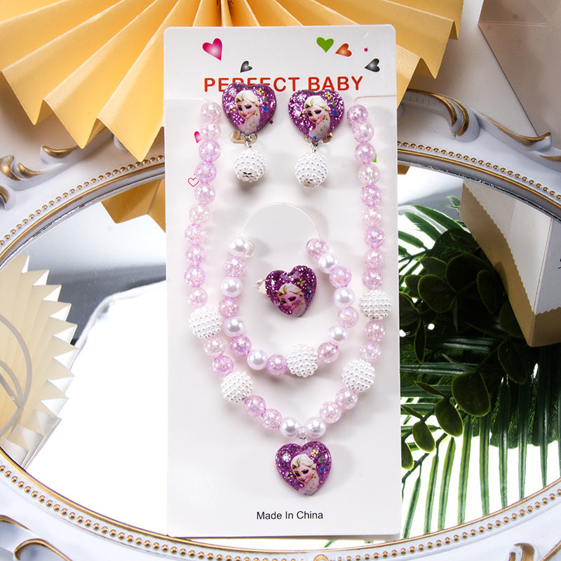 Conjunto de joyería de dibujos animados para niños, collar de perlas hecho a mano, pulsera, anillo, concha, cola de pez, unicornio 