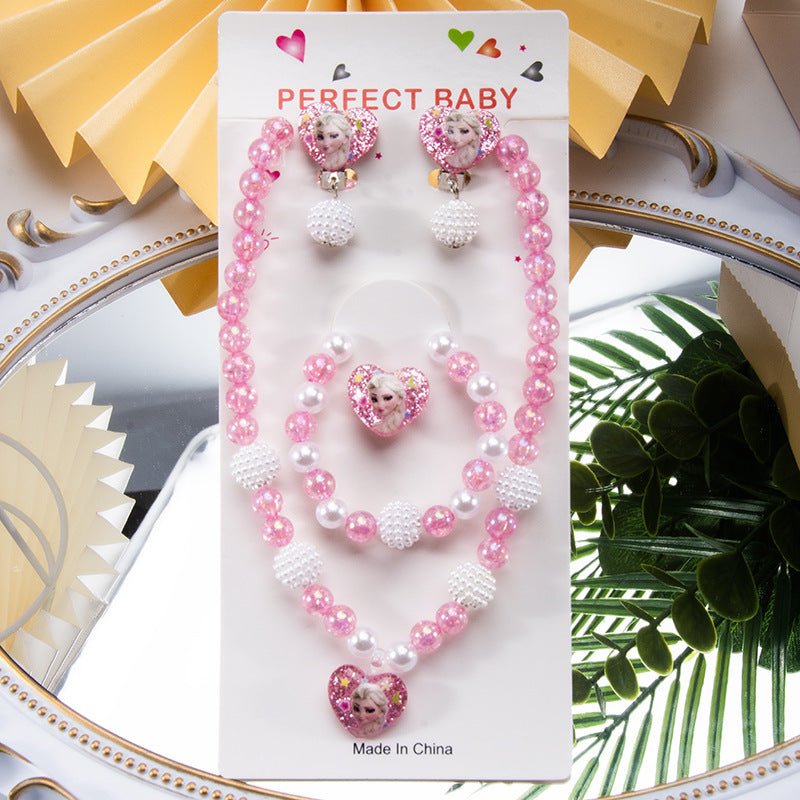 Conjunto de joyería de dibujos animados para niños, collar de perlas hecho a mano, pulsera, anillo, concha, cola de pez, unicornio 