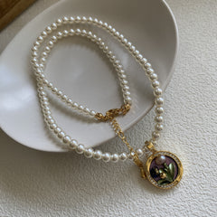 Collar de perlas finas con colgante de agua dulce natural pintado al óleo para mujer 