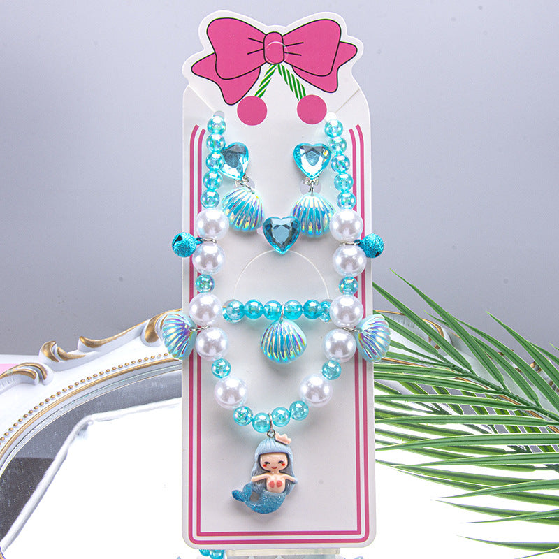 Conjunto de joyería de dibujos animados para niños, collar de perlas hecho a mano, pulsera, anillo, concha, cola de pez, unicornio 