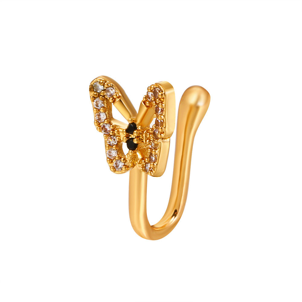 Anillo nasal falso en forma de U, piercing nasal de mariposa con incrustaciones de diamantes sin orificio, clip nasal, joyería anti-punción 