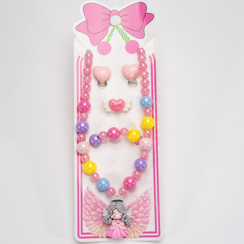 Conjunto de joyería de dibujos animados para niños, collar de perlas hecho a mano, pulsera, anillo, concha, cola de pez, unicornio 